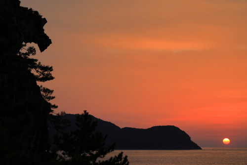 2026年3月21日の獅子巌と日出です。松の伐採を市に具申しなくては。